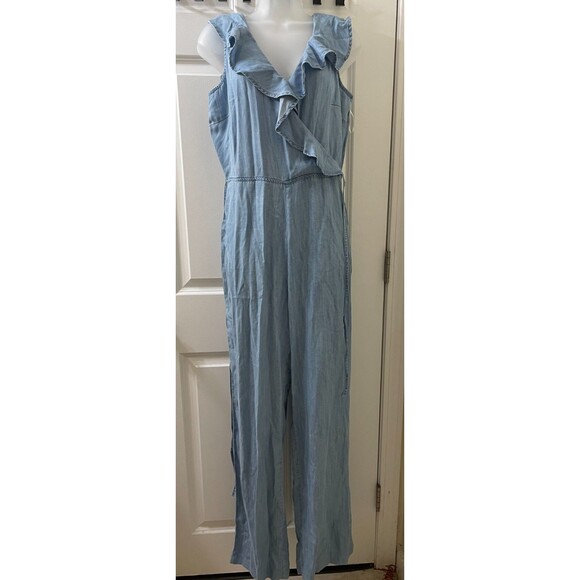 GUESS Womens Light Blue Tie Surplice Back Sleeveless Wide Leg Jumpsuit MEDIUM - Picture 1 of 13